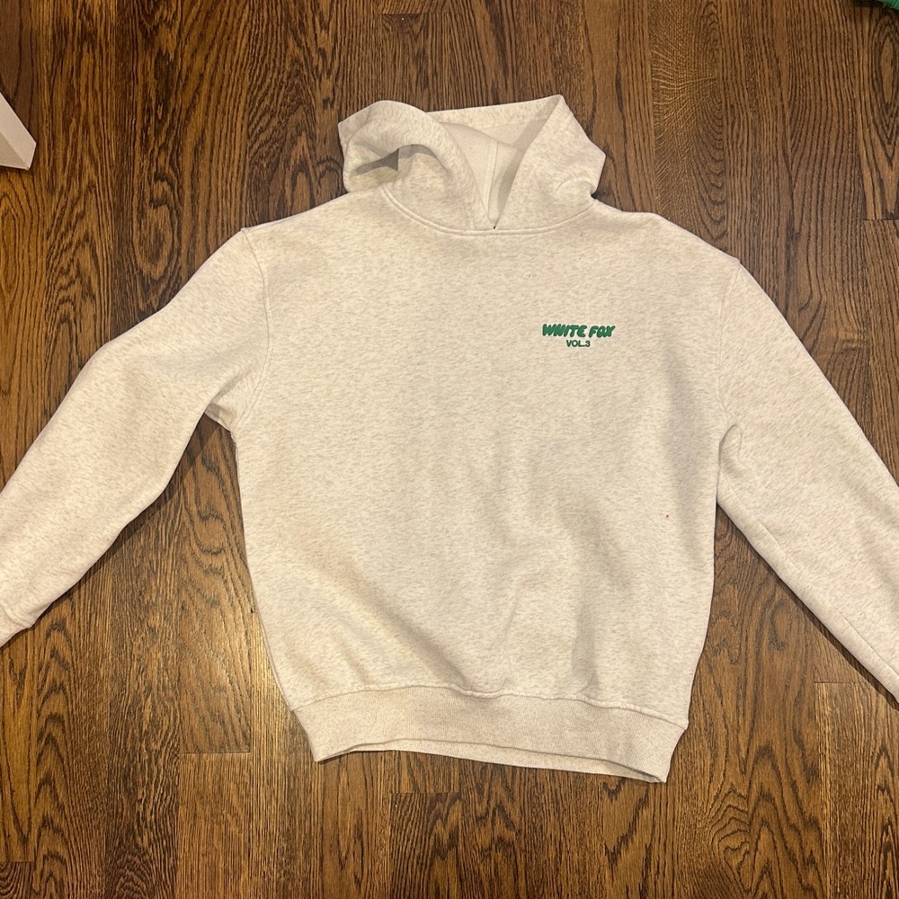 White Fox Size S/M Gray hooded sweatshirt w green writing